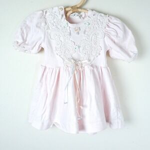 Vintage 90s Once Upon A Time Dress Kids 6M Pink Lace Ribbon Rose Cotton
